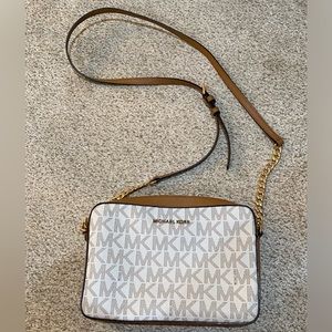 MK Crossbody, cream logo print with cognac trim